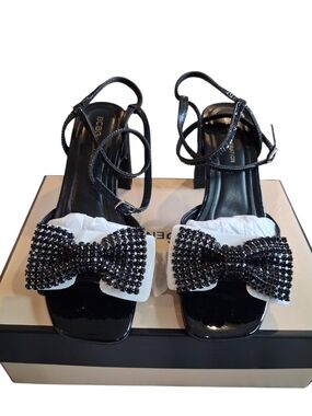 BCBGeneration Black Crystal Bow Strappy Block Heels